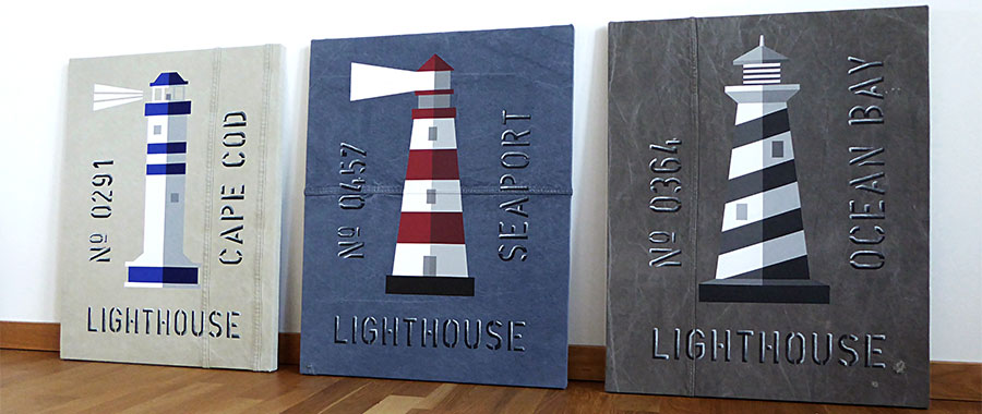 Lighthouse family, en serie marina tavlor med handmålade fyrar.