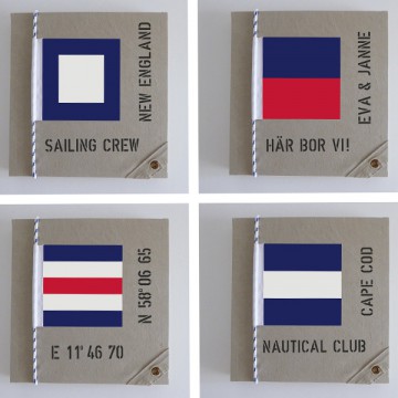Fyra förslag på marina tavlor med olika signalflaggor och personliga texter.