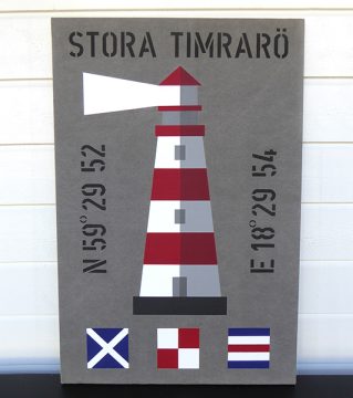 New England inspirerad tavla med fyr och signalflaggor och personliga koordinater