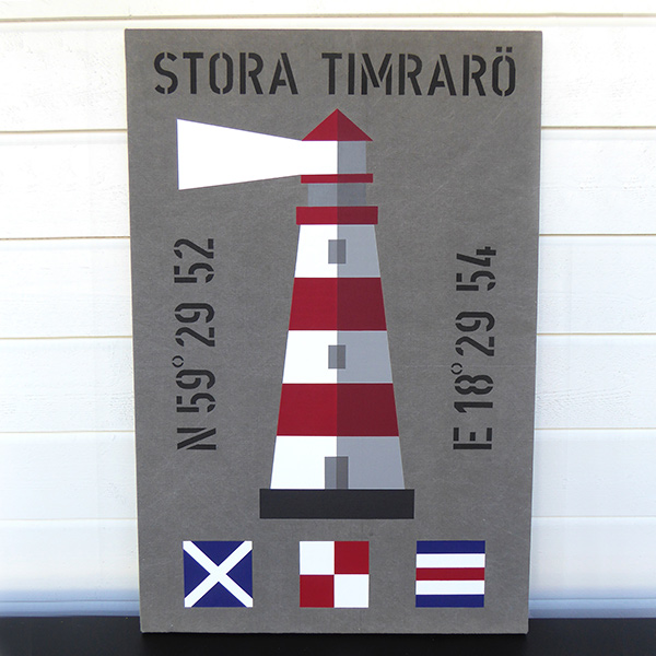 New England inspirerad tavla med fyr och signalflaggor och personliga koordinater