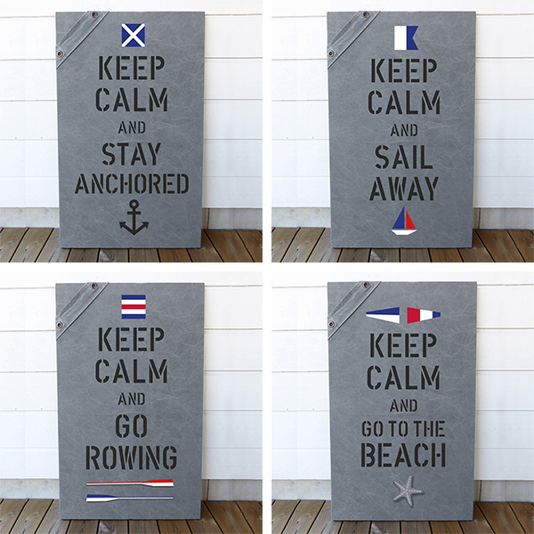 Fyra olika New England tavlor i sliten canvas med keep calm och signalflaggor med valfria texter och format