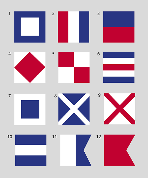 12 olika motiv av signalflaggor att välja till New England stilen